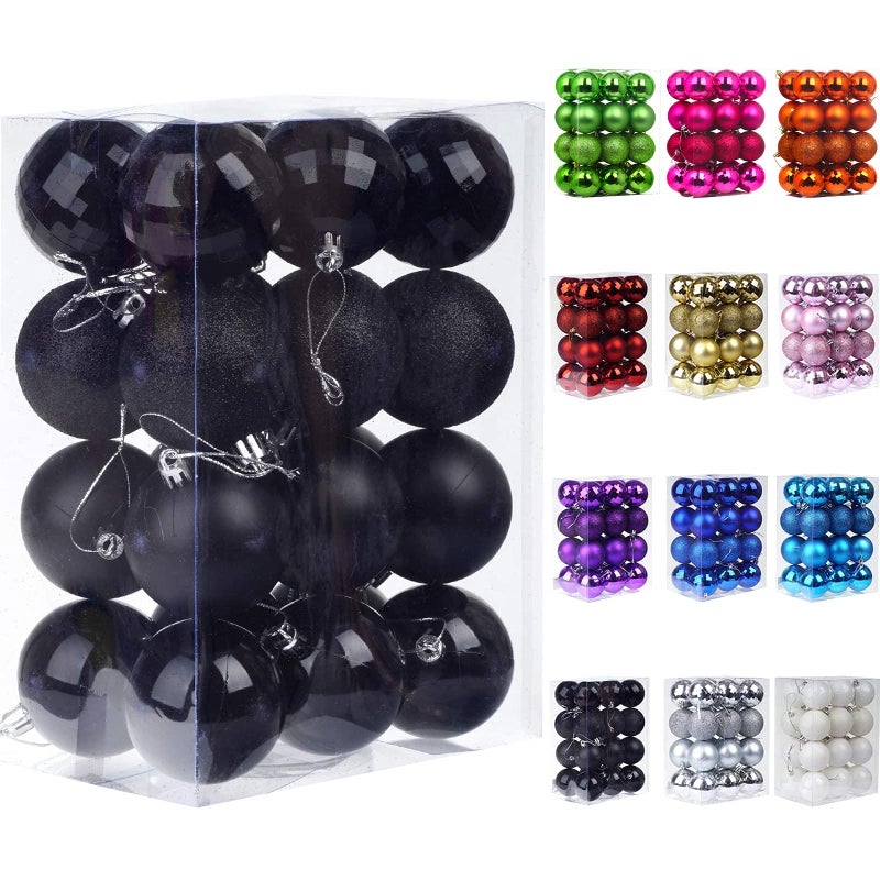 Emopeak 24Pcs Christmas Balls Ornaments for Xmas Christmas Tree - 4 Style Shatterproof Christmas Tree Decorations Hanging Ball for Holiday Wedding Party Decoration (Black, 2.4"/6.2CM) - Image 1